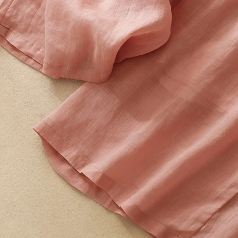 Buddha Stones Soft Pure Color Double Layer Drawstring Cotton Linen Women's Wide Leg Pants With Pockets