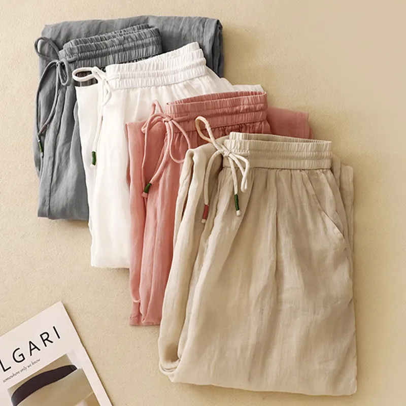 Buddha Stones Soft Pure Color Double Layer Drawstring Cotton Linen Women's Wide Leg Pants With Pockets