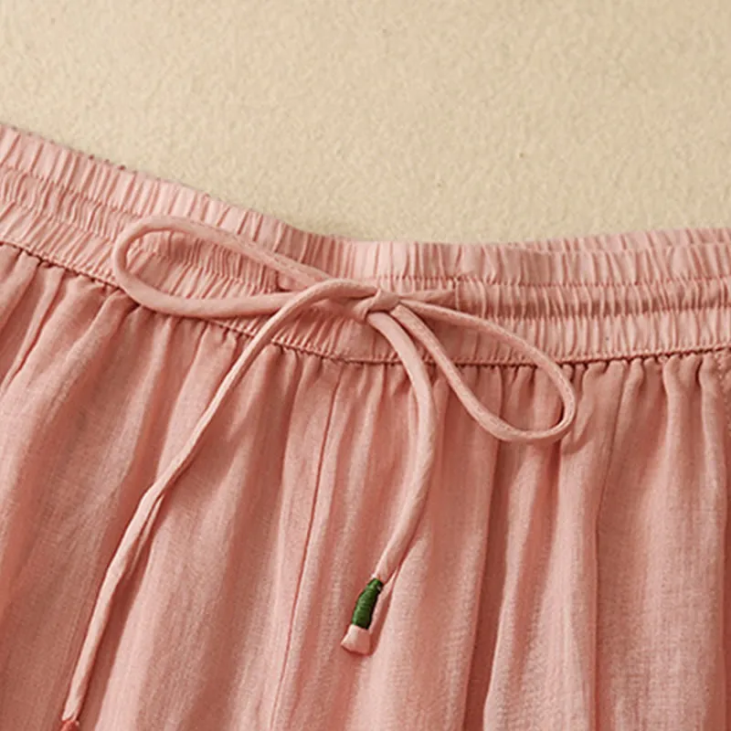 Buddha Stones Soft Pure Color Double Layer Drawstring Cotton Linen Women's Wide Leg Pants With Pockets