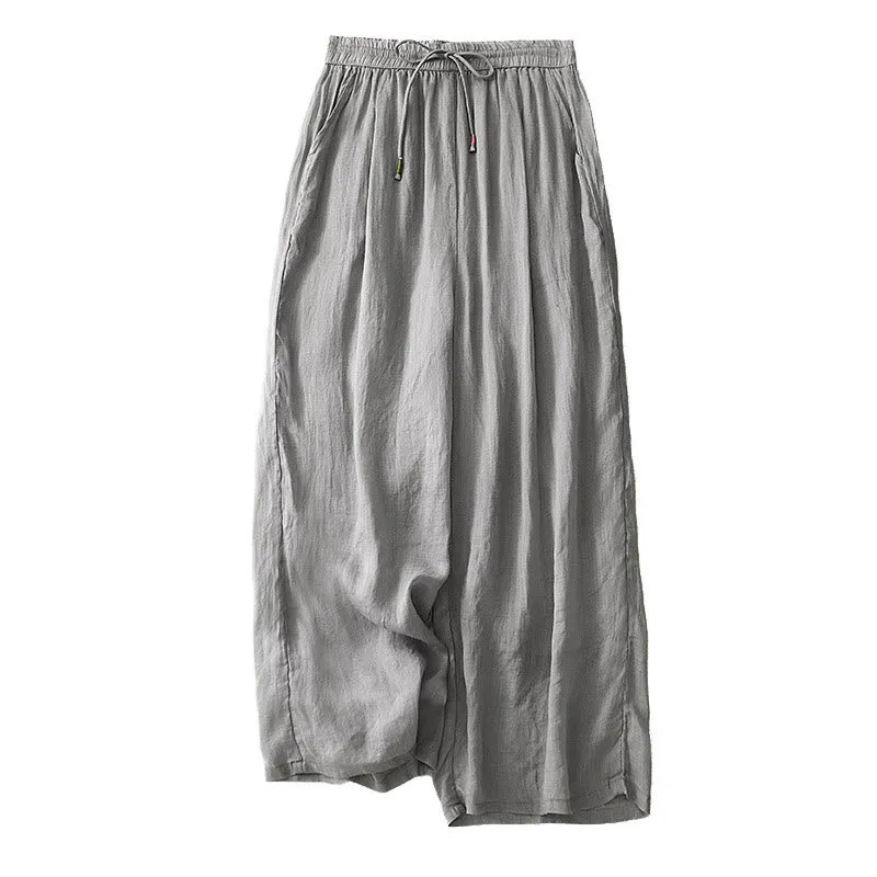 Buddha Stones Soft Pure Color Double Layer Drawstring Cotton Linen Women's Wide Leg Pants With Pockets