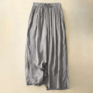 Buddha Stones Soft Pure Color Double Layer Drawstring Cotton Linen Women's Wide Leg Pants With Pockets