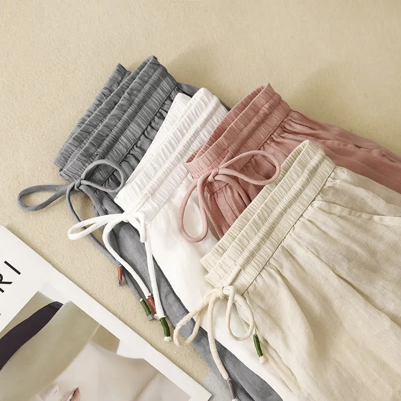 Buddha Stones Soft Pure Color Double Layer Drawstring Cotton Linen Women's Wide Leg Pants With Pockets