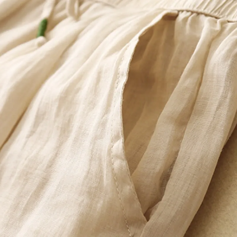 Buddha Stones Soft Pure Color Double Layer Drawstring Cotton Linen Women's Wide Leg Pants With Pockets