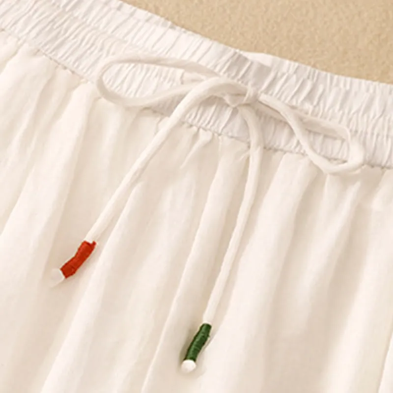 Buddha Stones Soft Pure Color Double Layer Drawstring Cotton Linen Women's Wide Leg Pants With Pockets