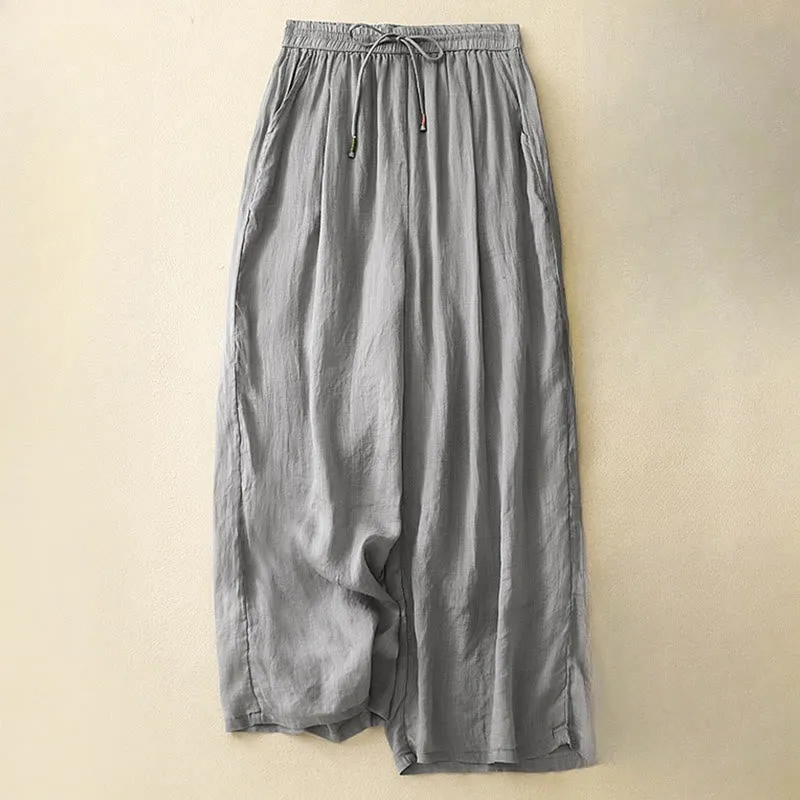 Buddha Stones Soft Pure Color Double Layer Drawstring Cotton Linen Women's Wide Leg Pants With Pockets