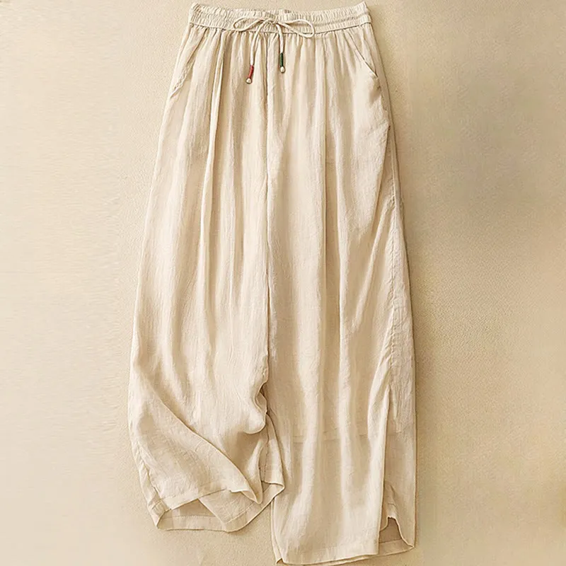 Buddha Stones Soft Pure Color Double Layer Drawstring Cotton Linen Women's Wide Leg Pants With Pockets