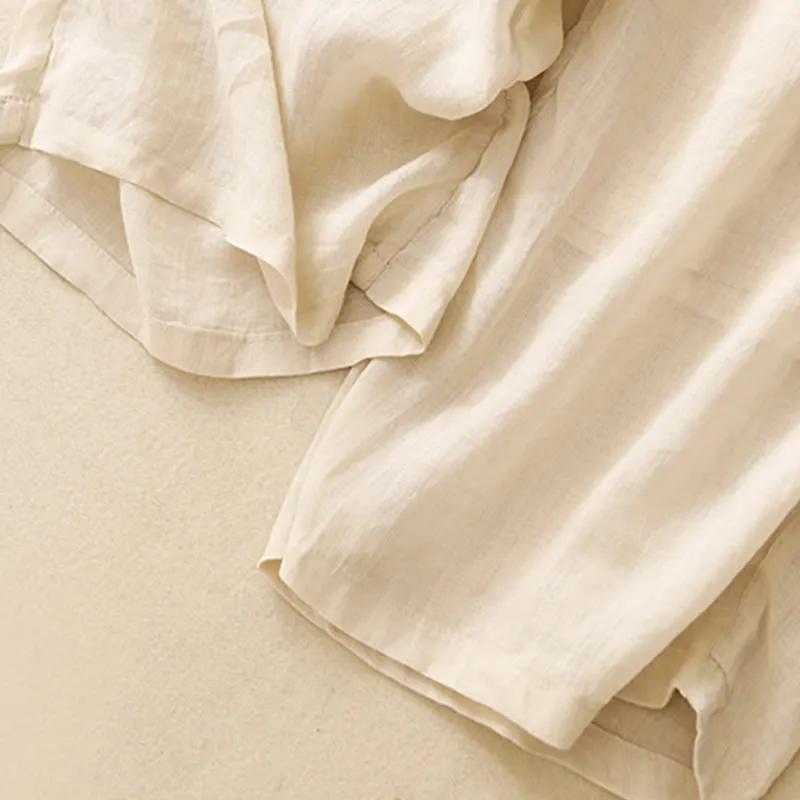 Buddha Stones Soft Pure Color Double Layer Drawstring Cotton Linen Women's Wide Leg Pants With Pockets