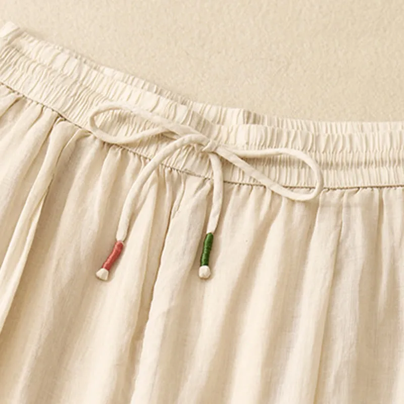 Buddha Stones Soft Pure Color Double Layer Drawstring Cotton Linen Women's Wide Leg Pants With Pockets