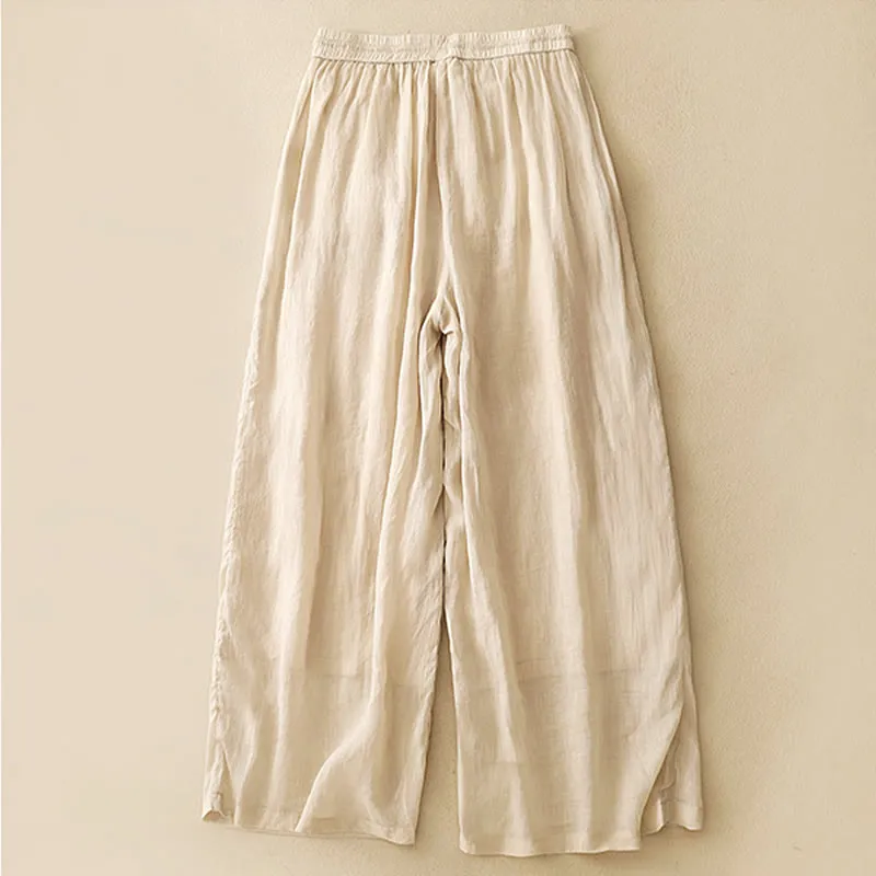 Buddha Stones Soft Pure Color Double Layer Drawstring Cotton Linen Women's Wide Leg Pants With Pockets