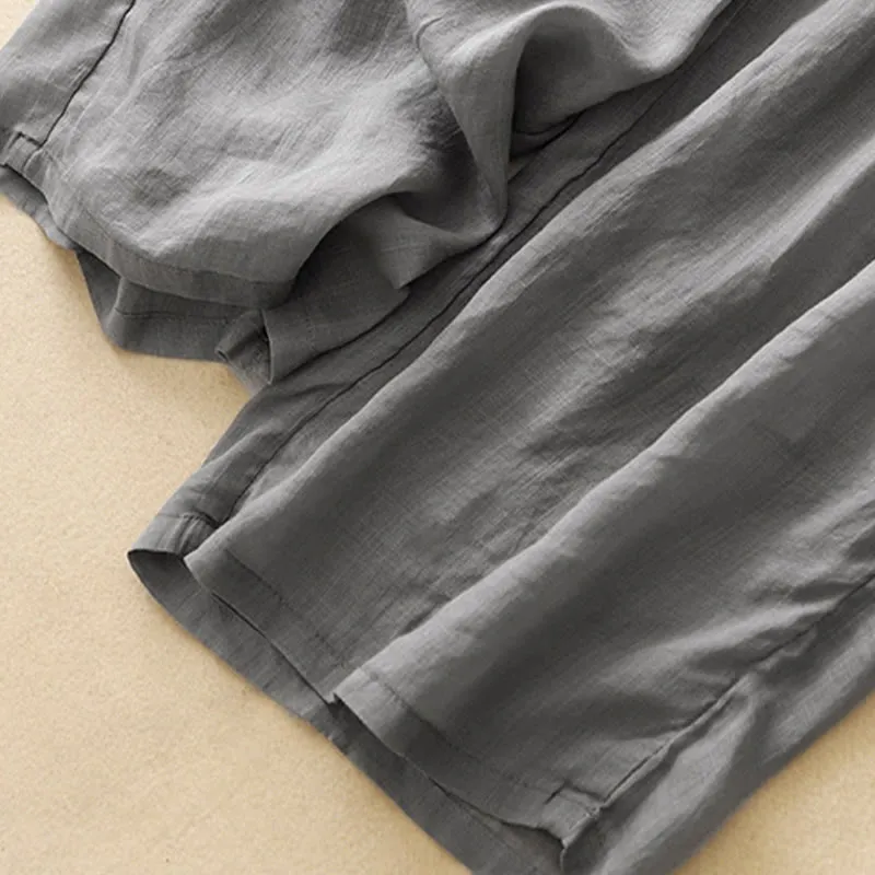 Buddha Stones Soft Pure Color Double Layer Drawstring Cotton Linen Women's Wide Leg Pants With Pockets