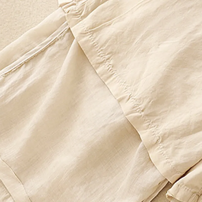 Buddha Stones Soft Pure Color Double Layer Drawstring Cotton Linen Women's Wide Leg Pants With Pockets