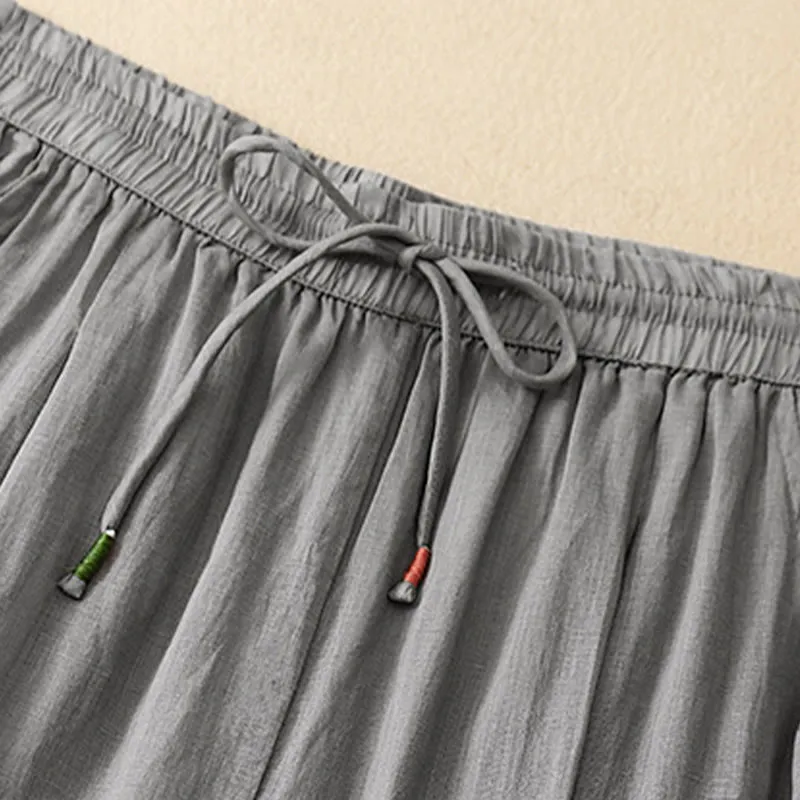Buddha Stones Soft Pure Color Double Layer Drawstring Cotton Linen Women's Wide Leg Pants With Pockets