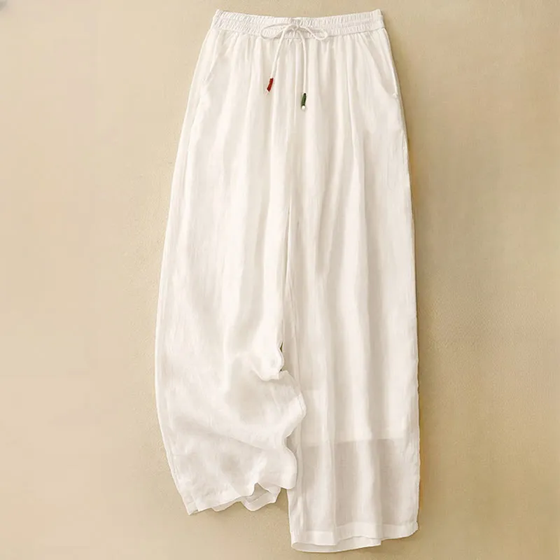 Buddha Stones Soft Pure Color Double Layer Drawstring Cotton Linen Women's Wide Leg Pants With Pockets