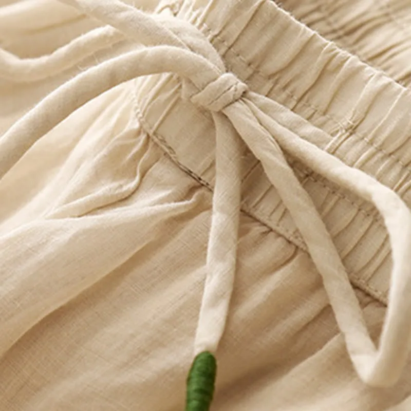 Buddha Stones Soft Pure Color Double Layer Drawstring Cotton Linen Women's Wide Leg Pants With Pockets