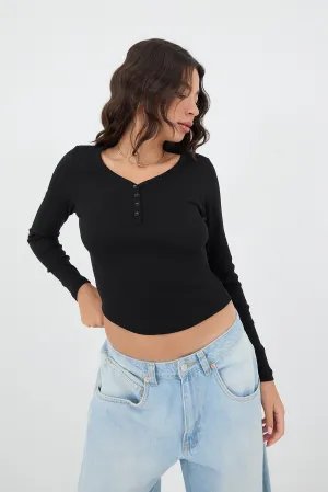 Button Neck Long Sleeve Modal Top