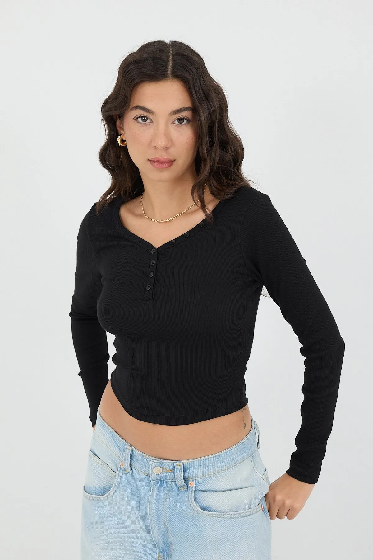 Button Neck Long Sleeve Modal Top