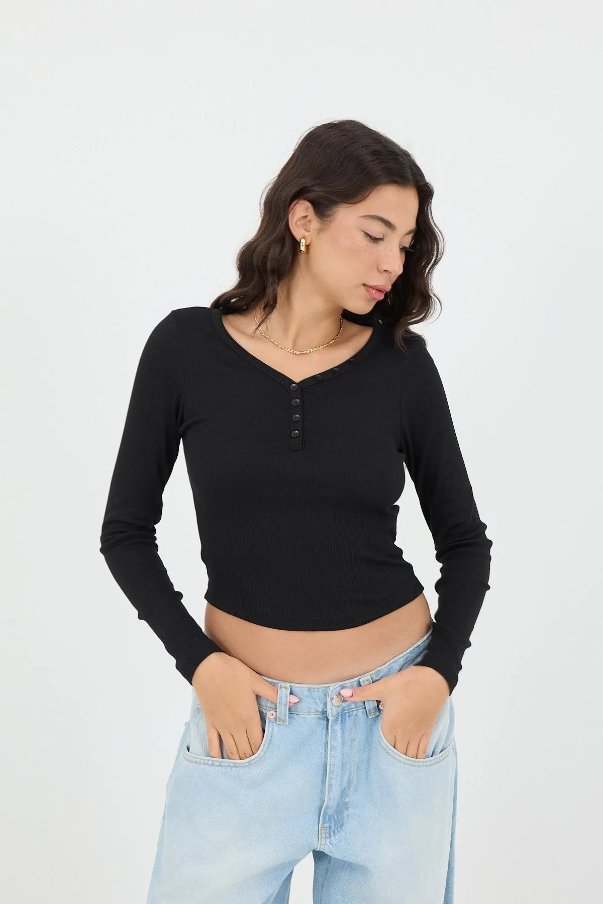 Button Neck Long Sleeve Modal Top