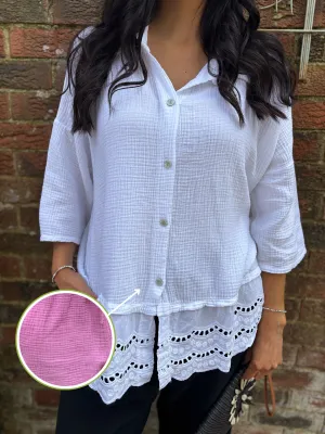 Candy Pink Embroidered Bubble Cotton Blouse Tess