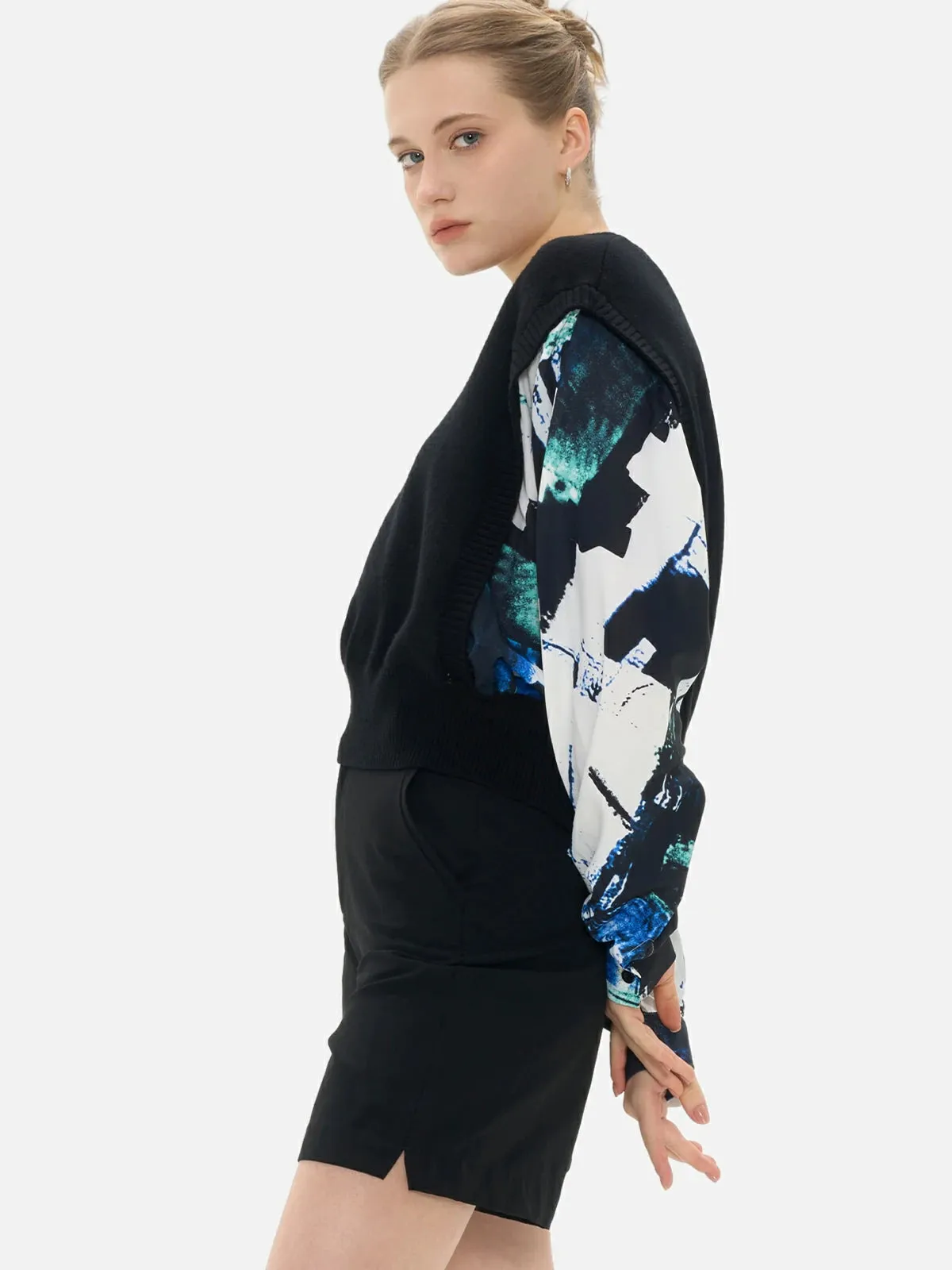 Casual Contrasting Print Chiffon Splice Sweater