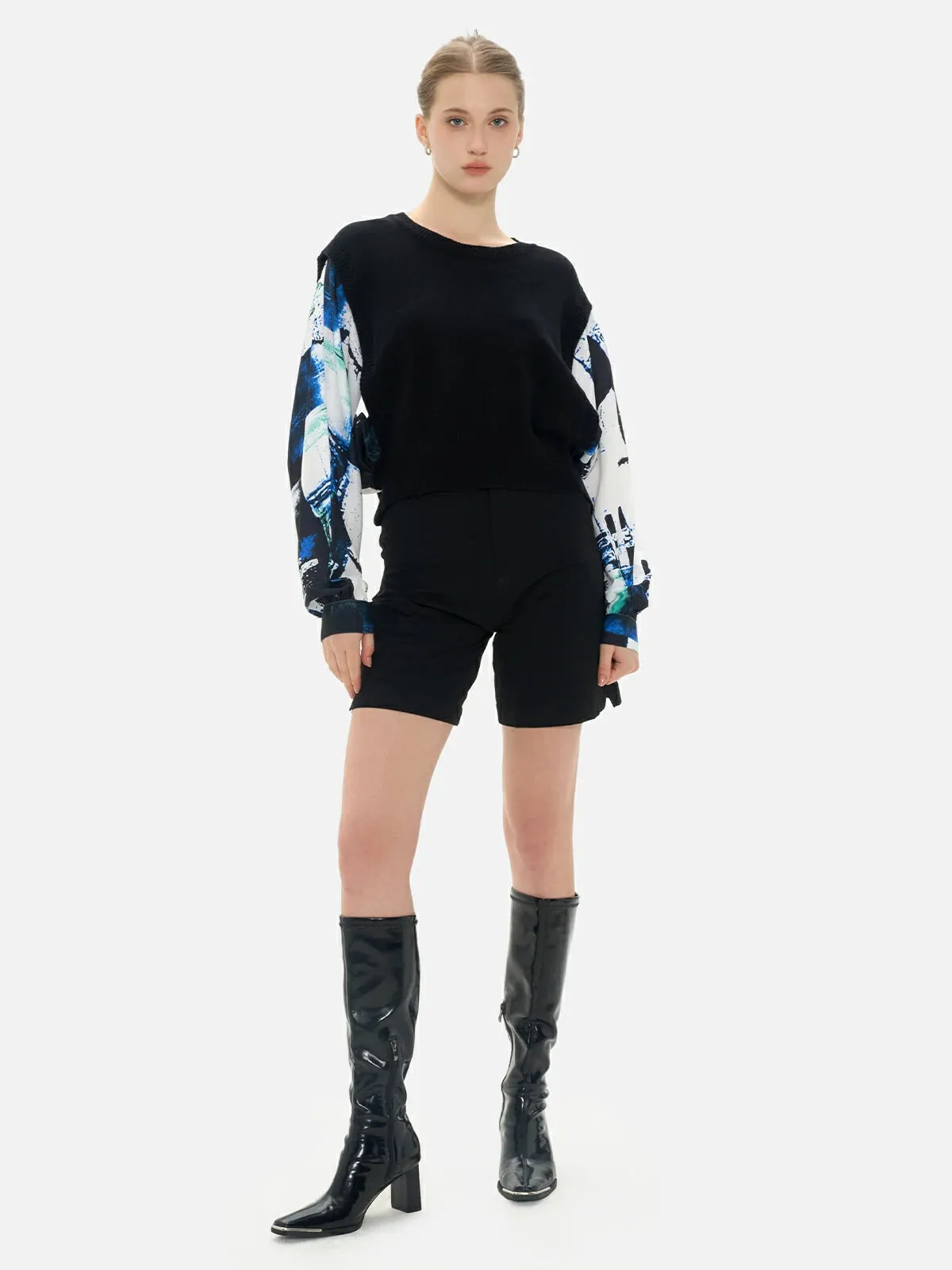 Casual Contrasting Print Chiffon Splice Sweater