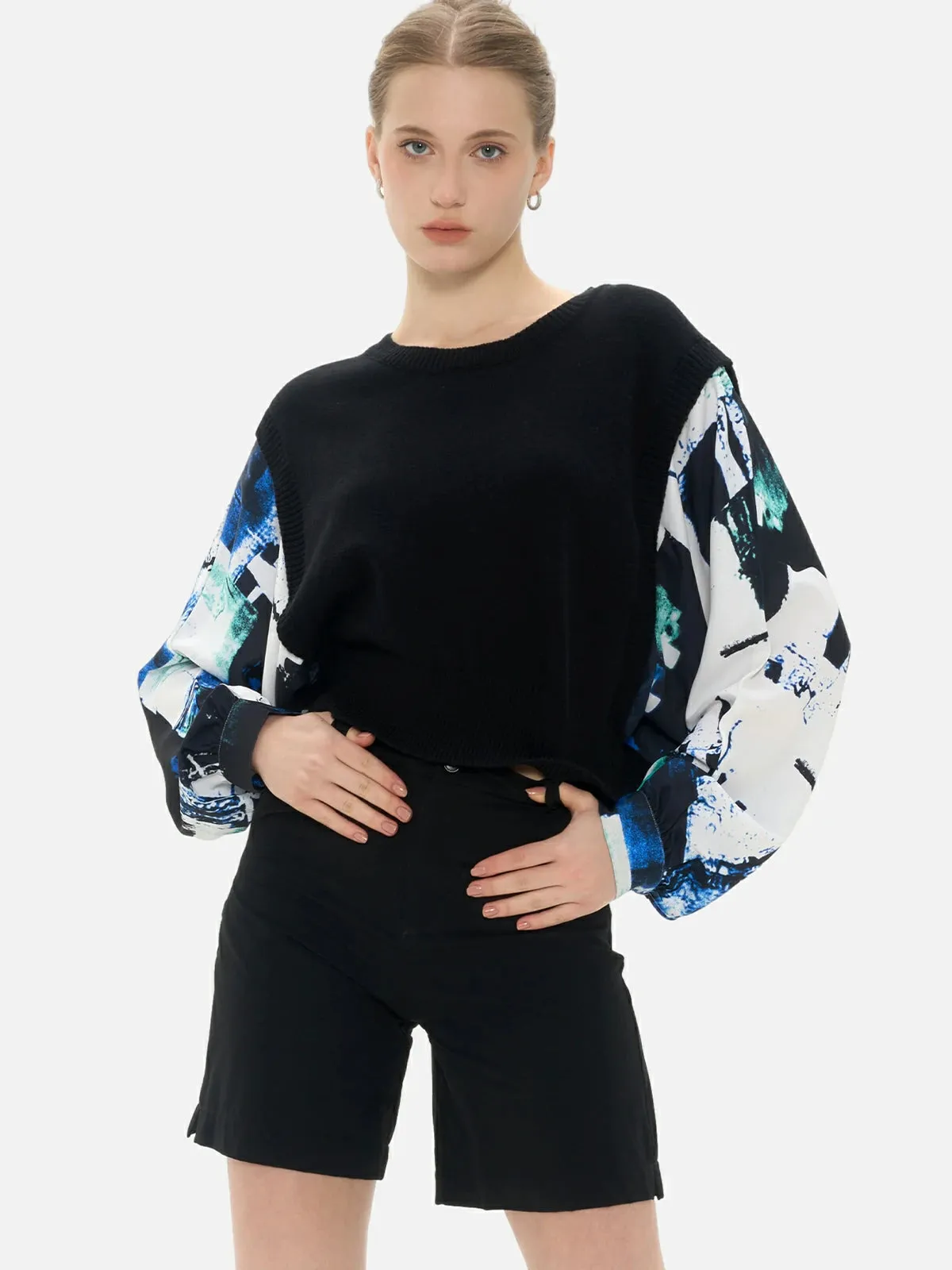 Casual Contrasting Print Chiffon Splice Sweater