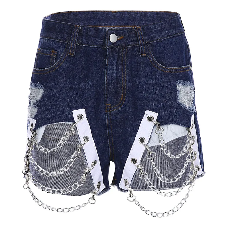 Chains Blue Jeans Short Pants