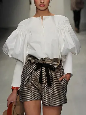 Chicmy-Pleated Solid Color Split-Joint Loose Puff Sleeves Round-Neck Blouses