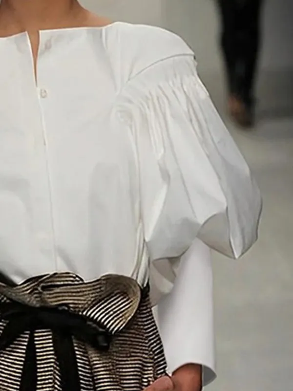 Chicmy-Pleated Solid Color Split-Joint Loose Puff Sleeves Round-Neck Blouses