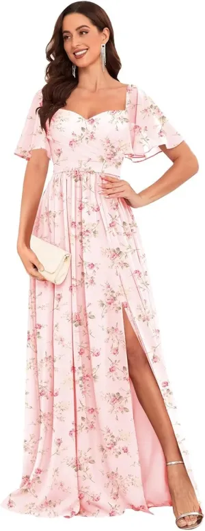 Chiffon Bridesmaid Dresses for Wedding with Short Sleeves Sweetheart Formal Gowns with Slit