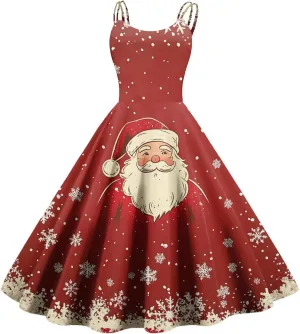 Christmas Dresses for Women Vintage Cocktail Swing Vacation Knee Length Midi Casual Dresses Holiday Beach Party Dress