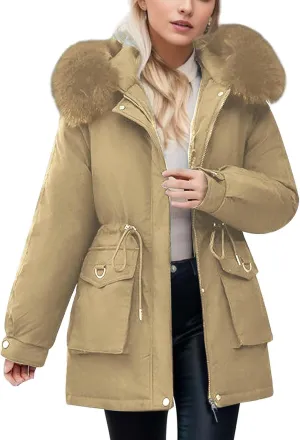 cooki Womens Winter Coats Lightweight Puffer Jacket Warm Quilted Padded Hood Coat with Faux Fur Collar Cropped Down Coats