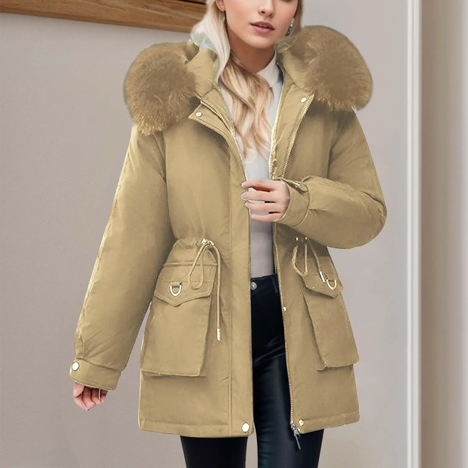 cooki Womens Winter Coats Lightweight Puffer Jacket Warm Quilted Padded Hood Coat with Faux Fur Collar Cropped Down Coats