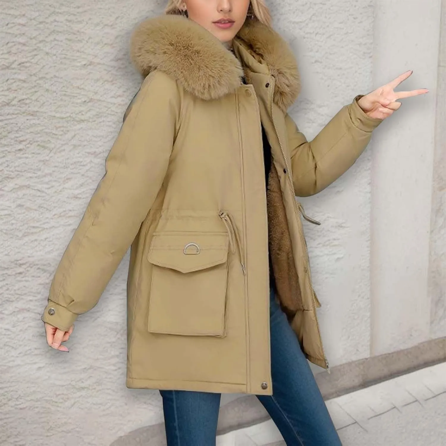 cooki Womens Winter Coats Lightweight Puffer Jacket Warm Quilted Padded Hood Coat with Faux Fur Collar Cropped Down Coats