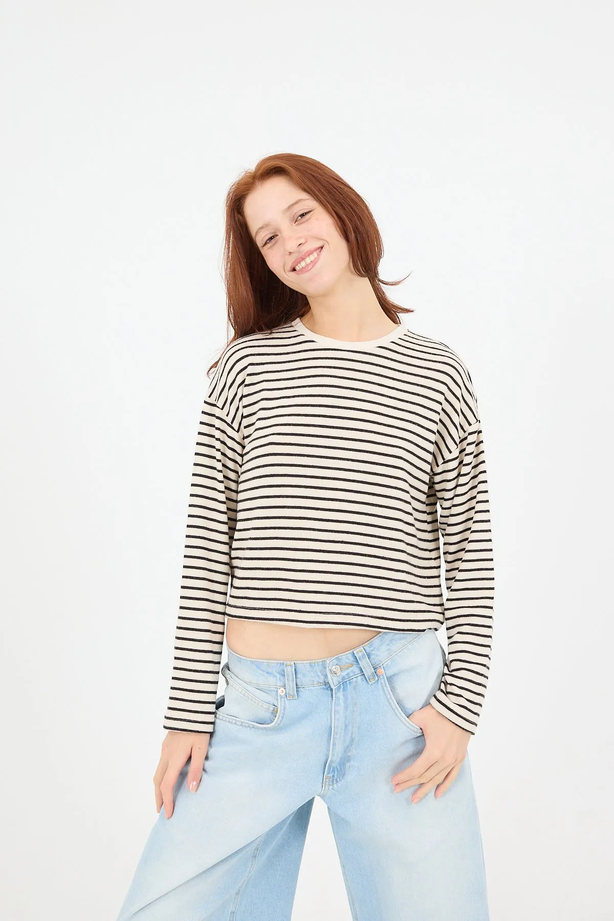 Crew Neck Long Sleeve Striped Blouse