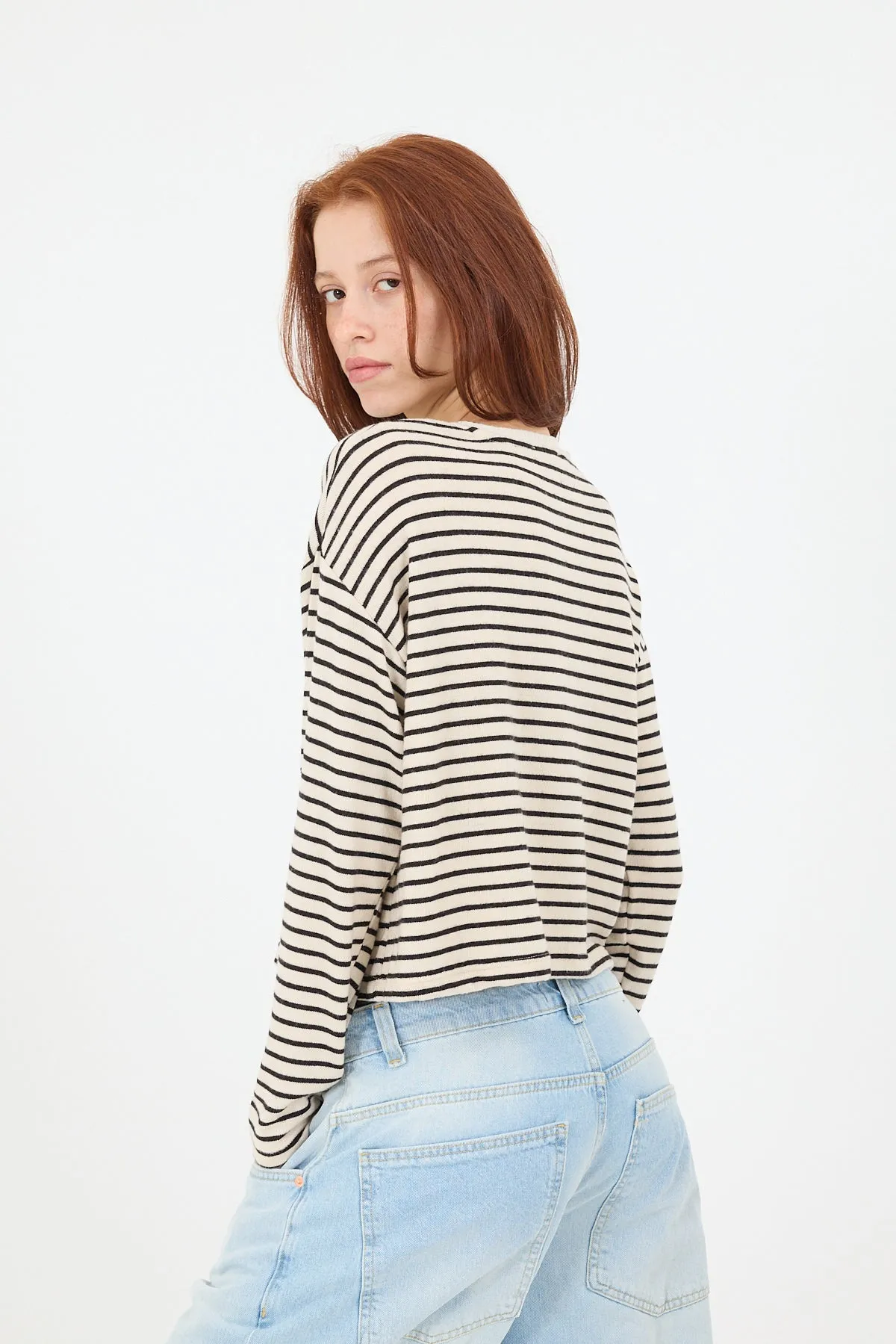 Crew Neck Long Sleeve Striped Blouse