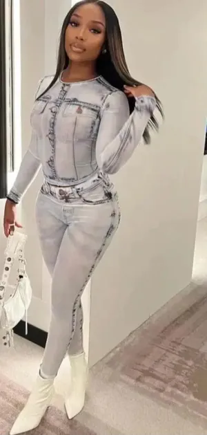 Denim Print Tights Set