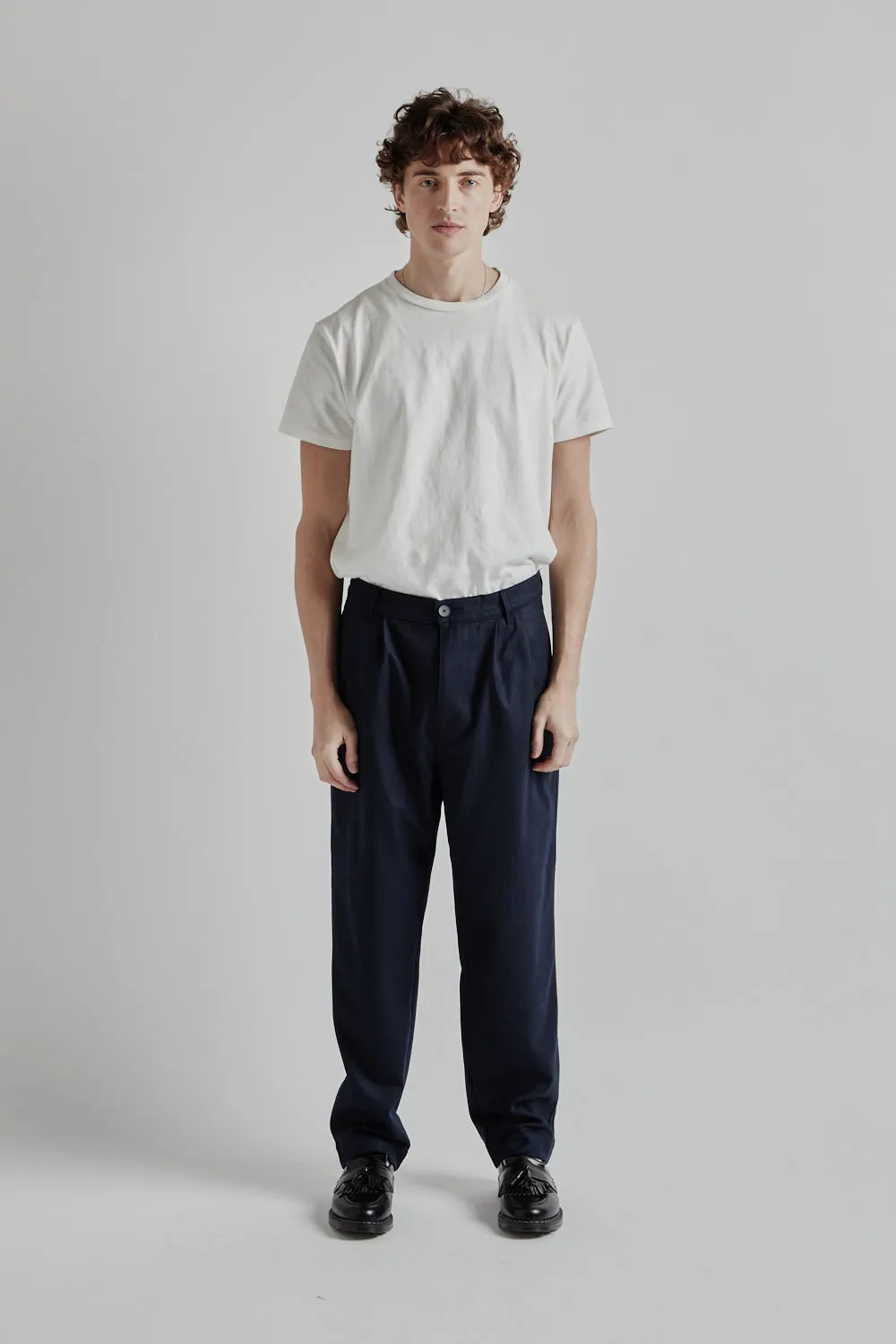 Double Pleats Wool Pants - Navy