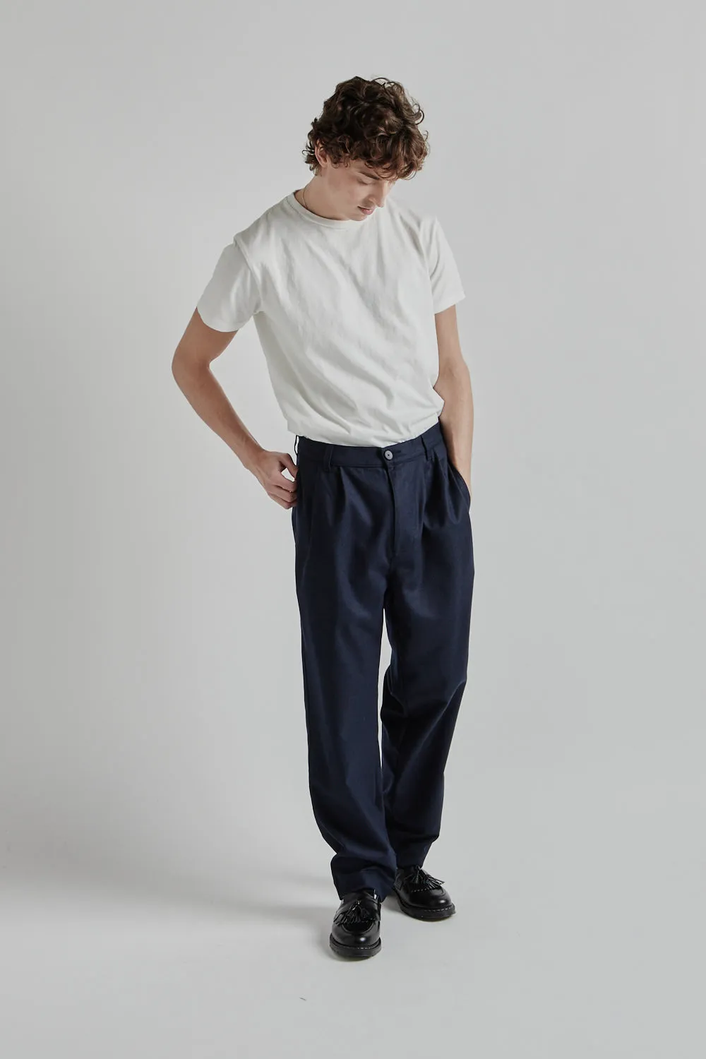 Double Pleats Wool Pants - Navy
