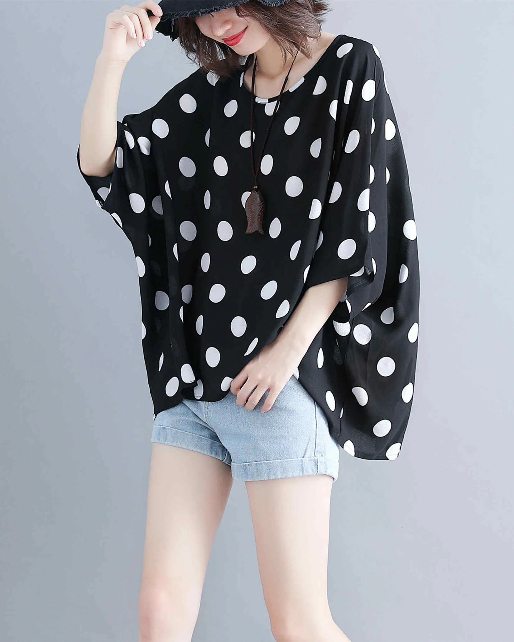 ellazhu Women's Batwing Sleeve Blouse Crewneck Top for Summer GA2480