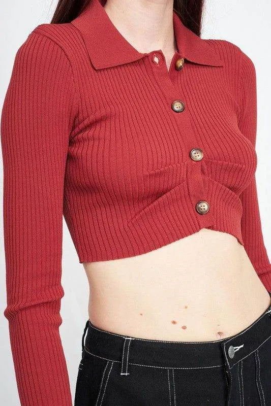Emory Park | Long Sleeve Button Up Crop Top