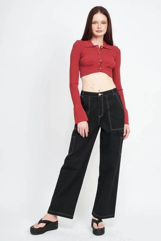 Emory Park | Long Sleeve Button Up Crop Top