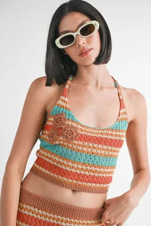Emory Park Stripped Crochet Top With Neck Tie