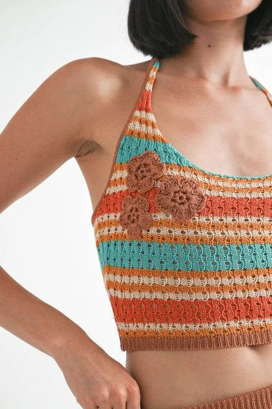 Emory Park Stripped Crochet Top With Neck Tie