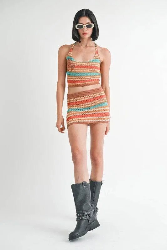 Emory Park Stripped Crochet Top With Neck Tie
