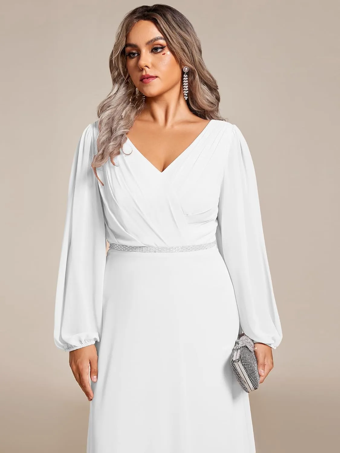 Ever-Pretty Women's Beads Waist Long Sleeves V Neck Plus Size Formal Evening Dresses 01981-DA