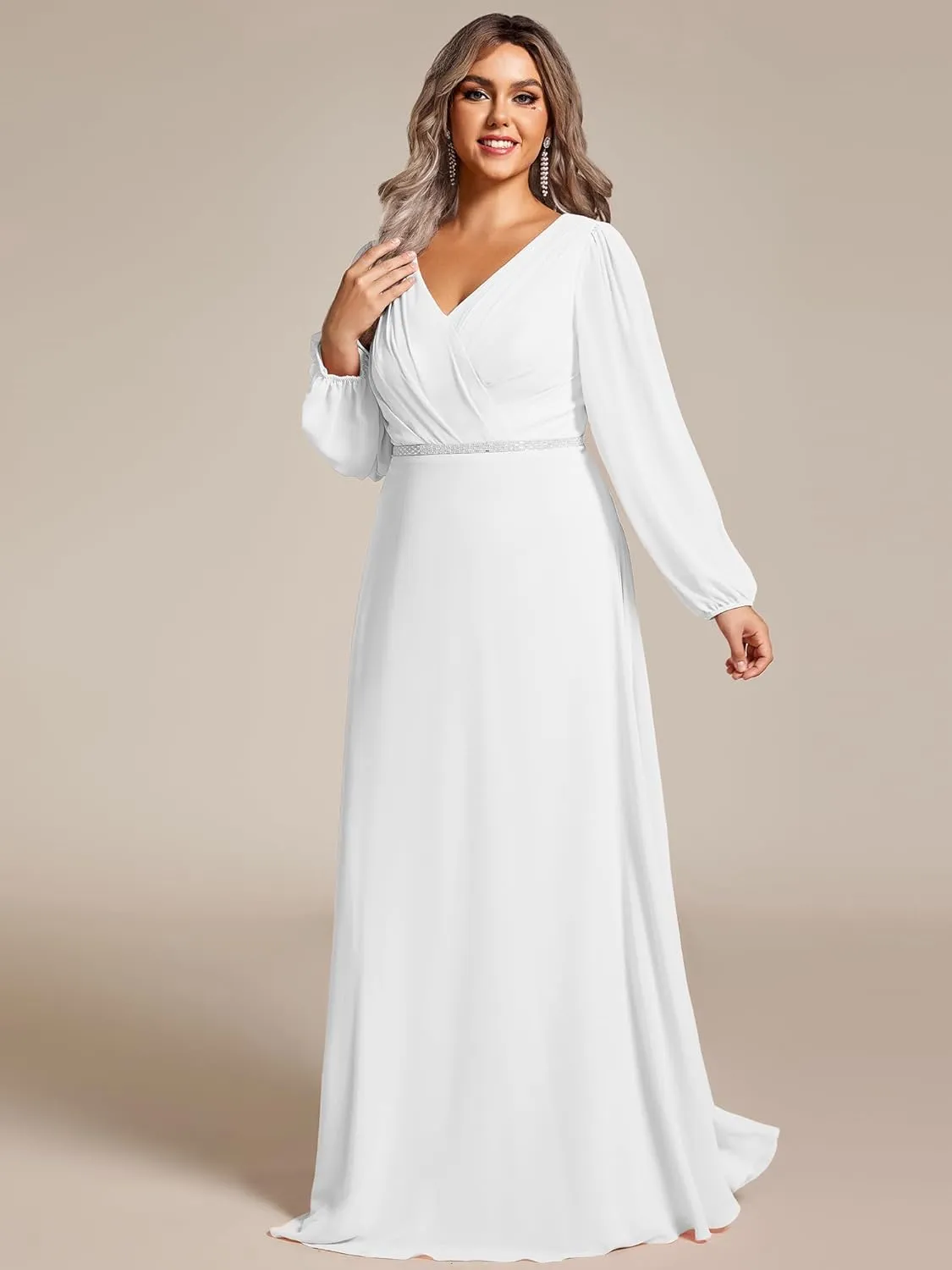 Ever-Pretty Women's Beads Waist Long Sleeves V Neck Plus Size Formal Evening Dresses 01981-DA