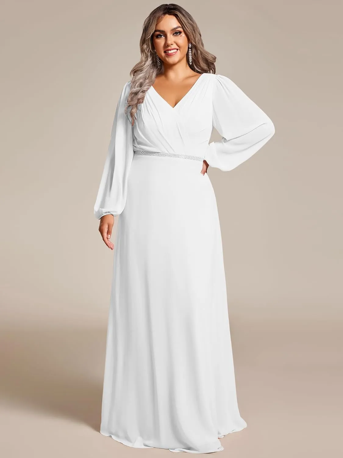 Ever-Pretty Women's Beads Waist Long Sleeves V Neck Plus Size Formal Evening Dresses 01981-DA