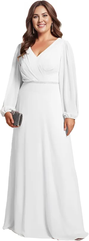 Ever-Pretty Women's Beads Waist Long Sleeves V Neck Plus Size Formal Evening Dresses 01981-DA