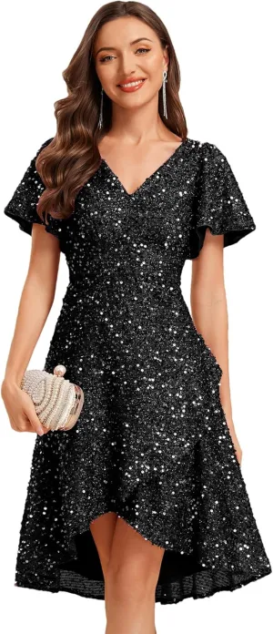 Ever-Pretty Women's V-Neck Short Sleeves Sequin High-Low Asymmetrical Hem Evening Dresses 02401