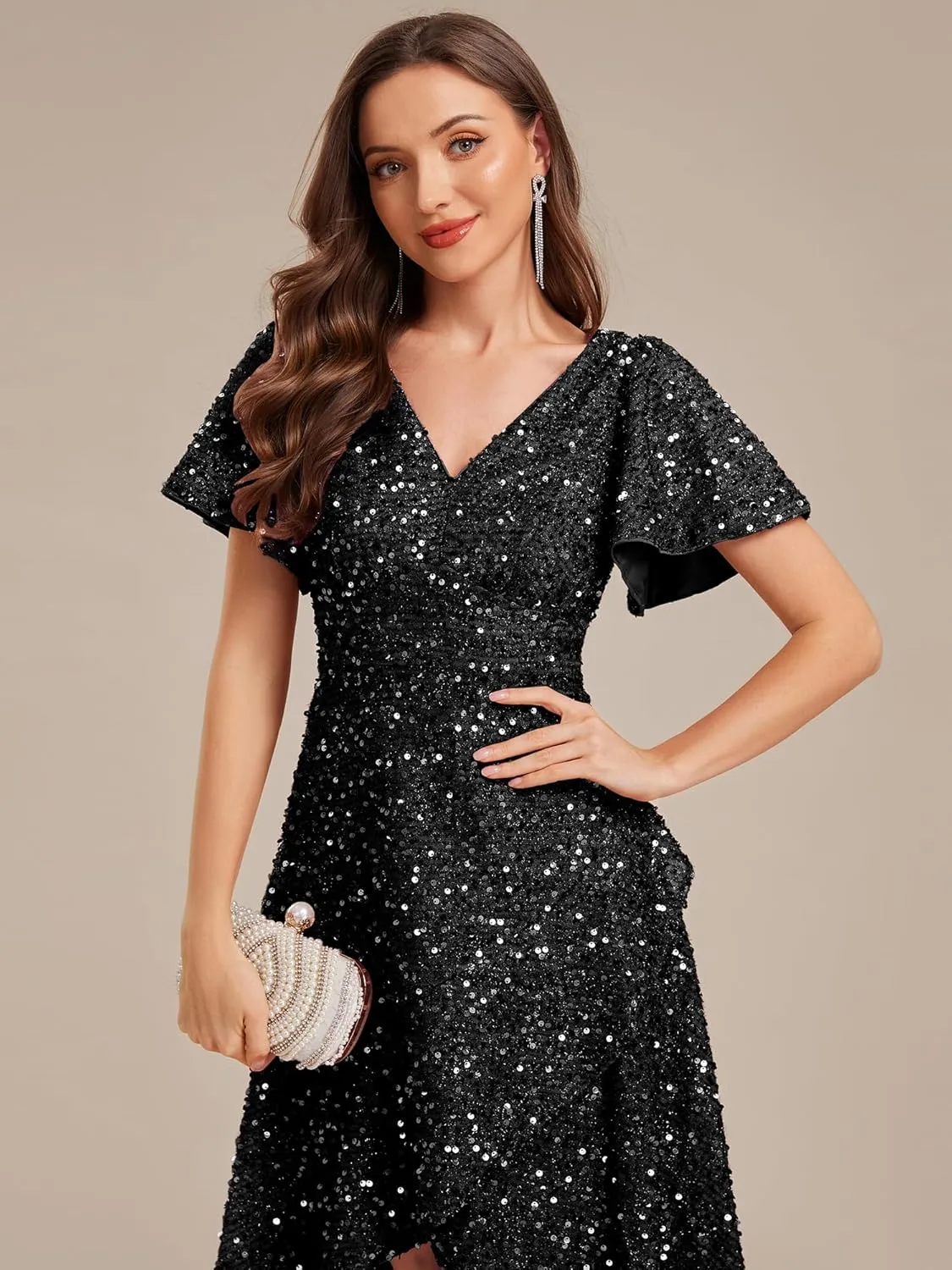 Ever-Pretty Women's V-Neck Short Sleeves Sequin High-Low Asymmetrical Hem Evening Dresses 02401